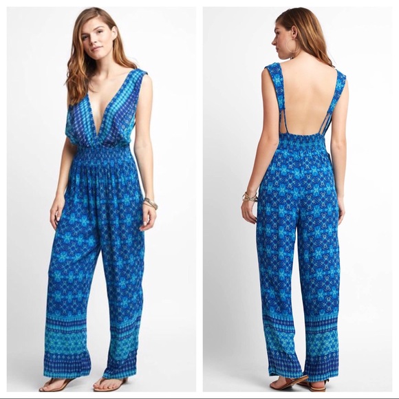 RAGA Pants - RAGA Deep V Neck Jumpsuit Ocean Blue Print